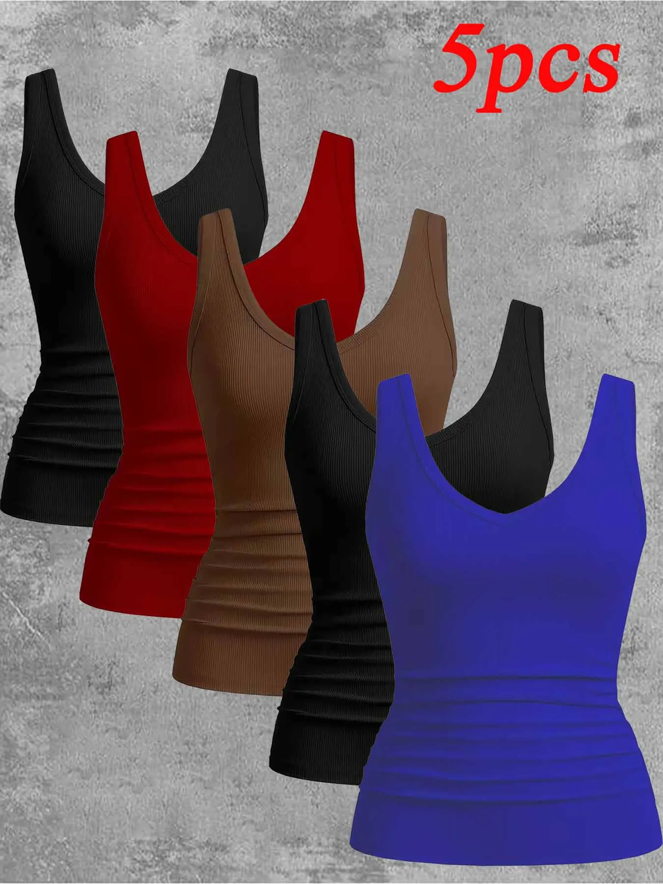 

Hot selling 5PC women's spring summer fashion elegant solid color elastic vest thread sexy V-neck sleeveless vest top