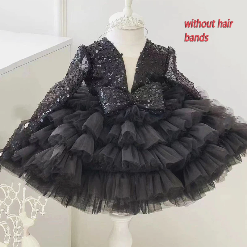 New Long Sleeve Sequins Bow Girls\' Poncho Dress Wedding Flower Girl Sisters Wedding Dress Fashionable Versatile Evening Dress