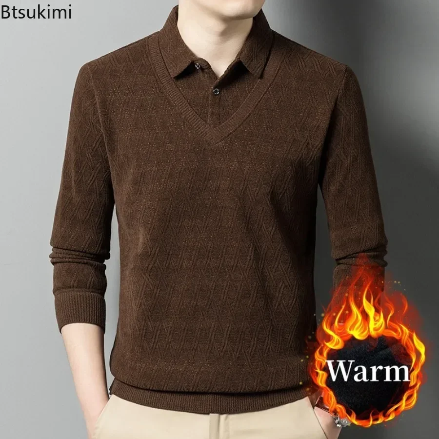 

New Men's Autumn Winter Casual Knitted Pullovers Polo Collar Fake Two Piece Knitwear Sweaters Comfortable and Warm Tops for Men