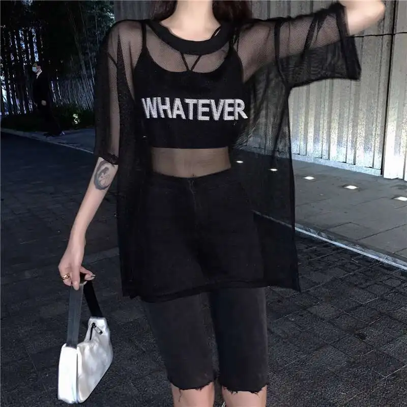 2025 الصيف الشارع نمط المرأة تي شيرتات قصيرة الاكمام للفتيات كول الهيب هوب الجرافيك المحملة عادية فضفاض شبكة شفافة التي شيرت