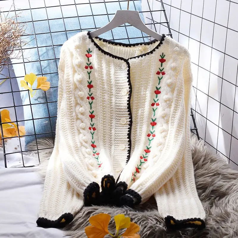 Embroidered knitted cardigan for women loose sweater Japanese sweet women soft glutinous long sleeve o neck sweater female tops