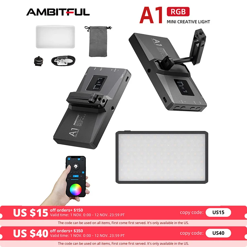 

AMBITFUL A1 RGB 2500K-8500K Dimmable Full Color LED Video Light Cantilever Bracket with APP for DSLR Camera Light Vlogging Live