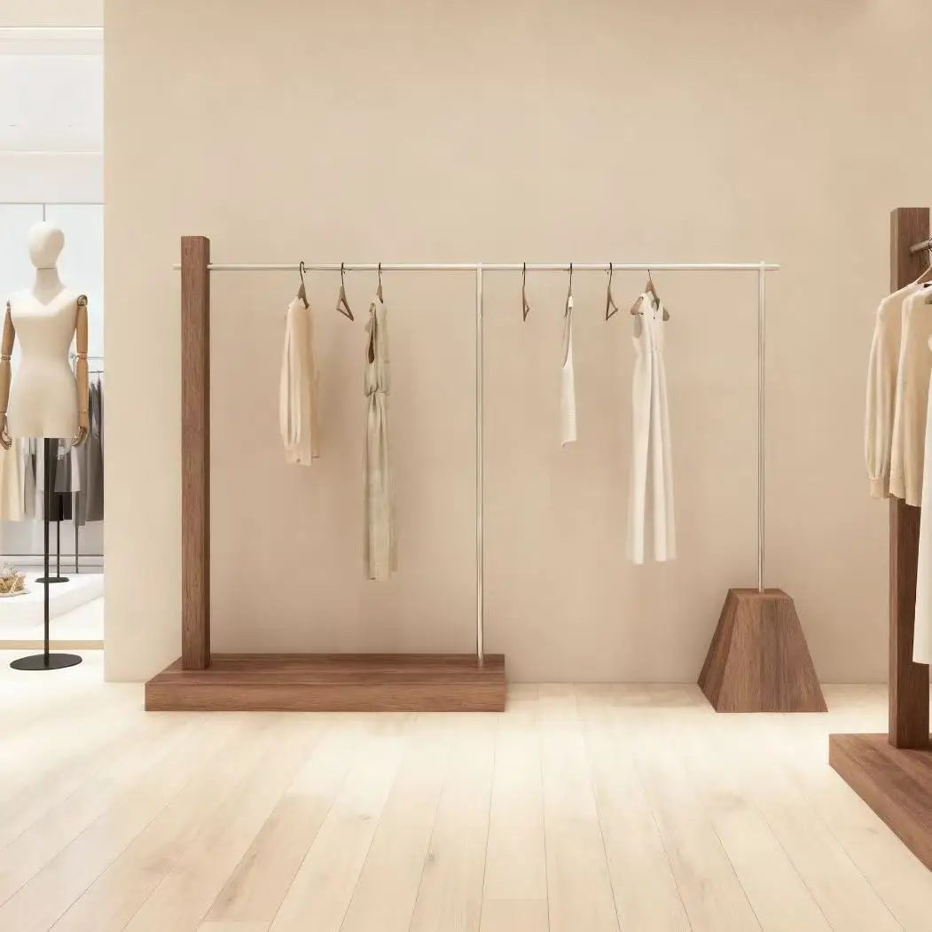 Thickened Display Rack for Clothing Stores: Stainless Steel Display with Walnut Color Floor-Standing Clothes Rack