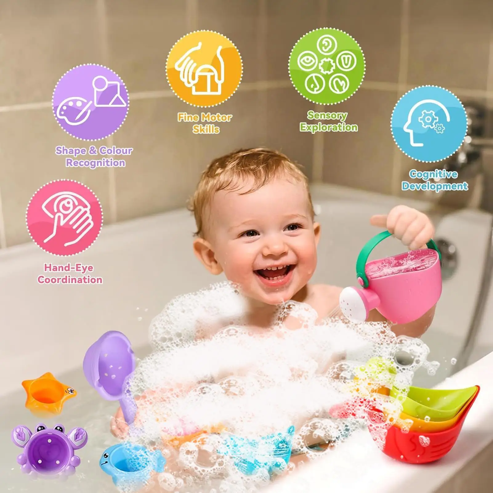 Juguetes de baño para bebé, bañera apilable, juego de playa de agua, accesorios sensoriales flotantes creativos, juegos educativos para ducha de natación