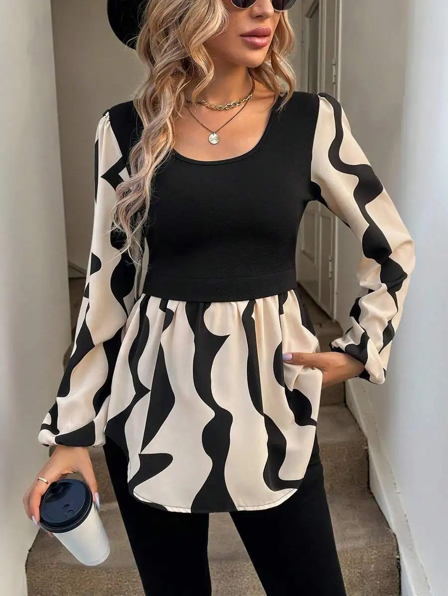 

Women's U-Neck A-Line Blouse with Curved Hem and Puff Sleeves, Abstract Print