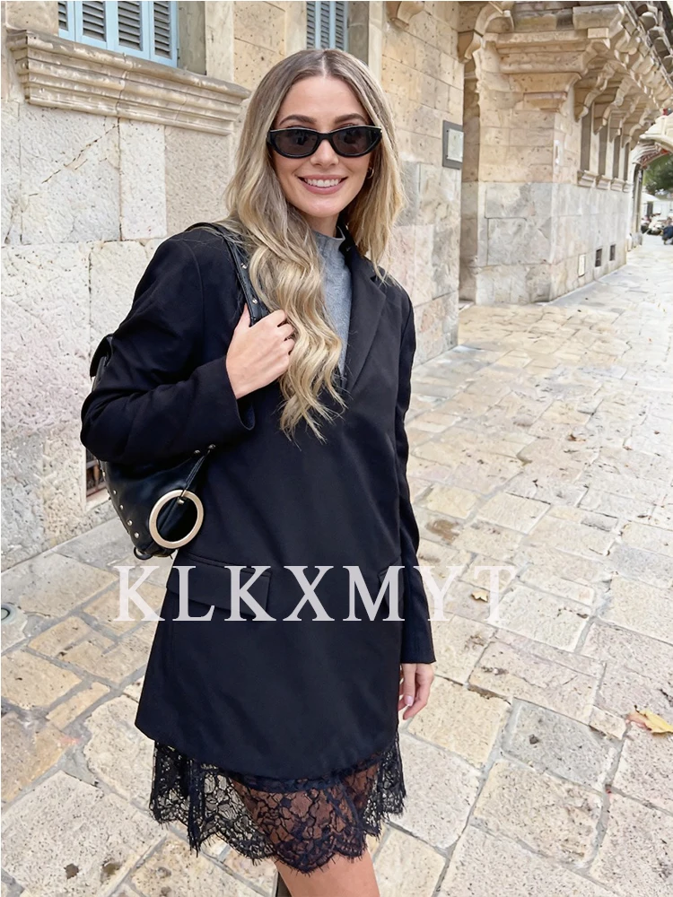 2025 المرأة الخريف الشتاء بدلة على الموضة نمط فستان المرأة أنيقة الدانتيل لصق الديكور طويلة الأكمام هايت فستان الشارع