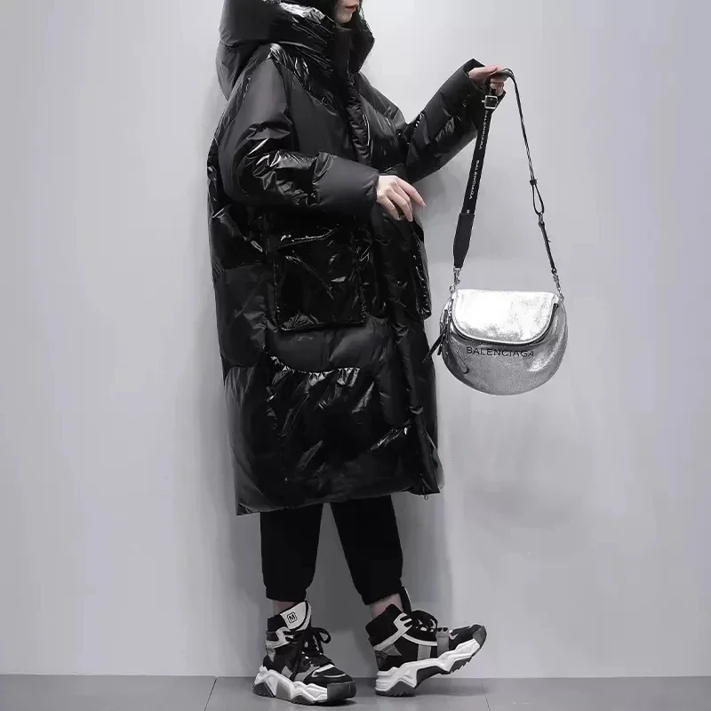 Frauen 2025, Winter Neue Glänzend Weiße Ente Unten Mäntel Weibliche Mode Mit Kapuze Jacken Damen Casual Lose Warme Parkas Langen Mantel