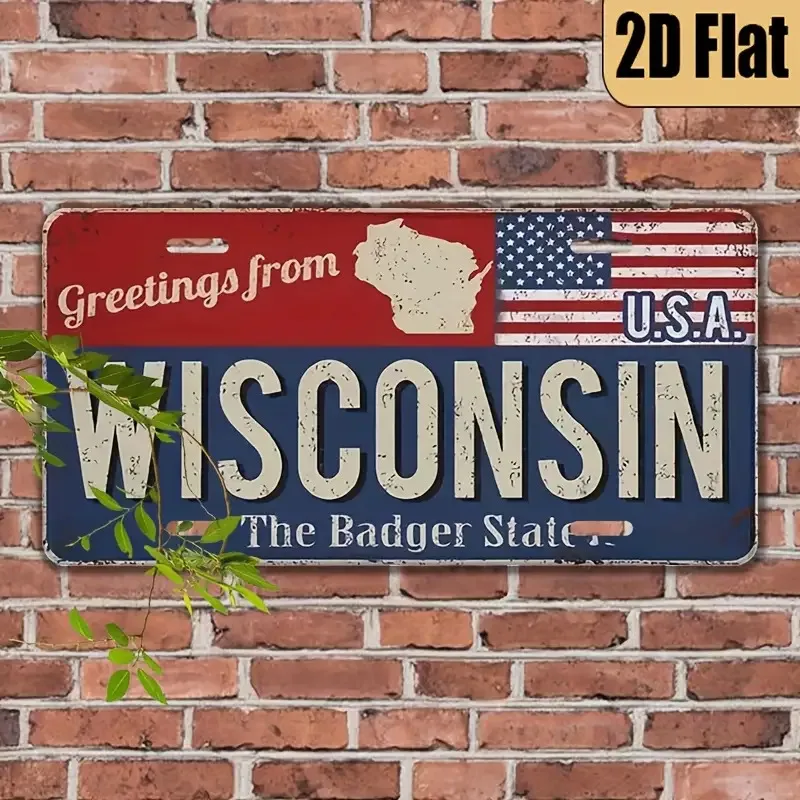 1 peça placa de alumínio vintage Wisconsin - decoração de parede retrô do estado dos EUA com letras angustiadas e design de bandeira americana