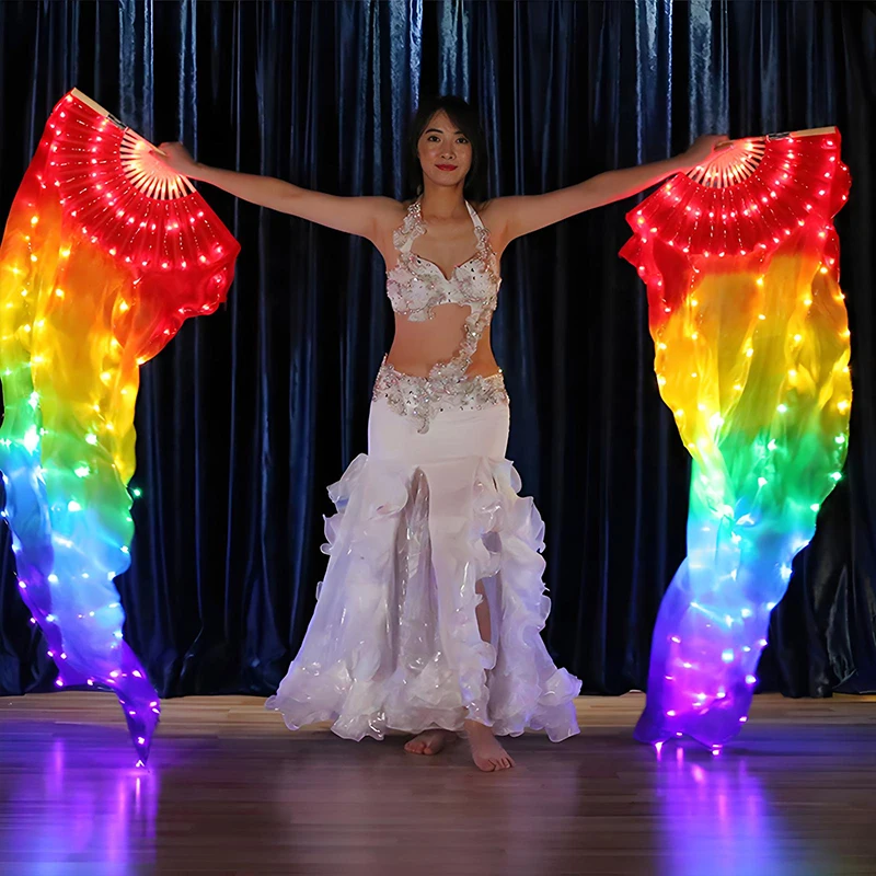 مضيئة الرقص الشرقي مروحة حريرية طويلة قابلة للطي الخيزران الحرير المشجعين متوهجة تضيء المشجعين لراقصة صالح مرحلة الأداء الدعائم