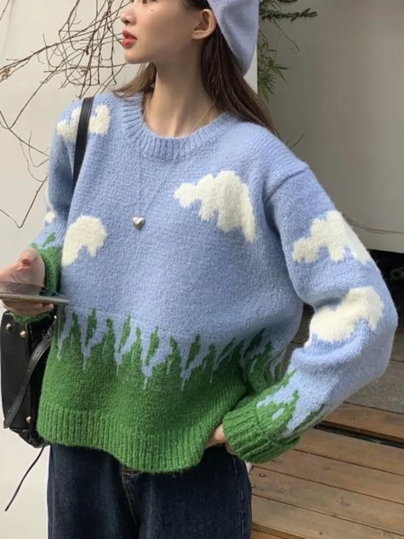 2022 inverno nuovo vento delicato e nuvole bianche maglione pittura a olio maglione Pullover sciolto e sottile, fresco e dolce da donna