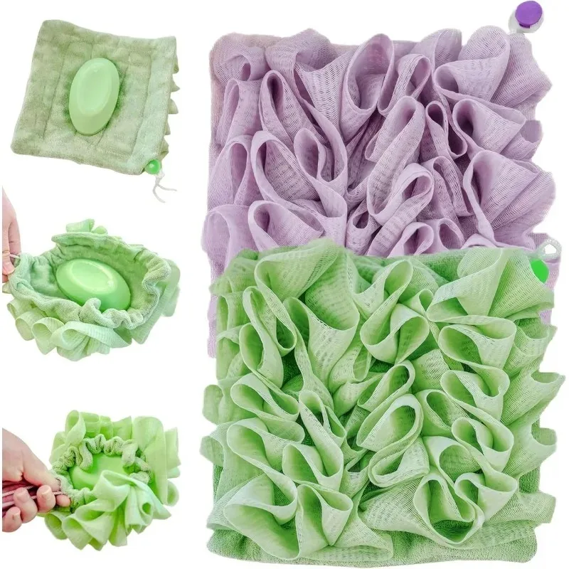 2-in-1-Seifenablage für Bad, Luffa, feinmaschige Dusche, 2 Badeschwamm mit Kordelzug, tragbarer hängender Körperpeeling zum Peeling