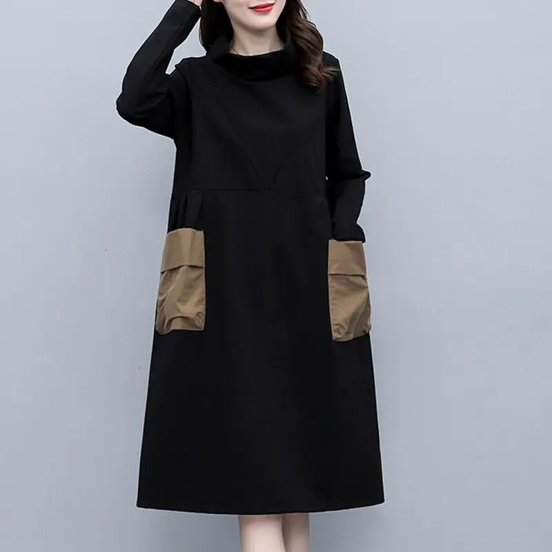 Vintage Literature Dress Stand Collar Two Large Pockets Loose Waist Medium Length Black Thick Pullover Women's Clothing Cotton