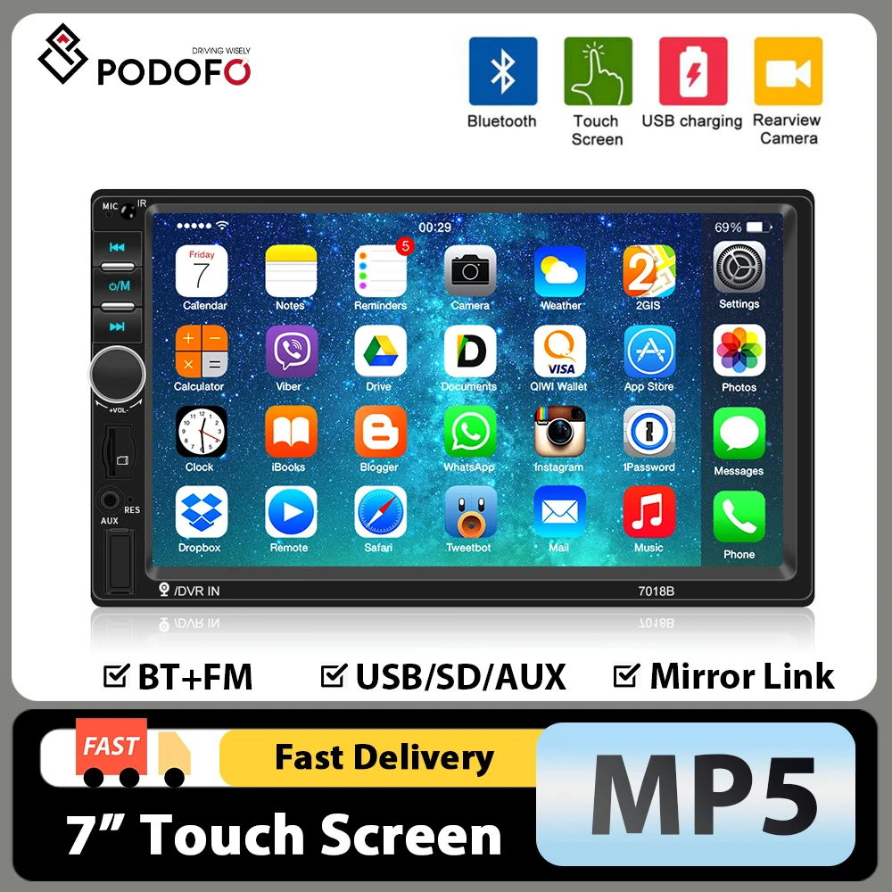 Podofo 2 Din Autoradio 7 Zoll LCD-Touchscreen MP5 Multimedia-Player Audio Stereo BT FM EQ Mirror Link Rückfahrkamera