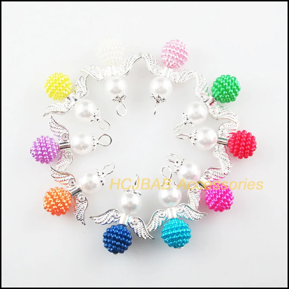 10Pcs Silver Plated Bayberry Ball Angel Mixed Acrylic Charms Pendants 23x28mm