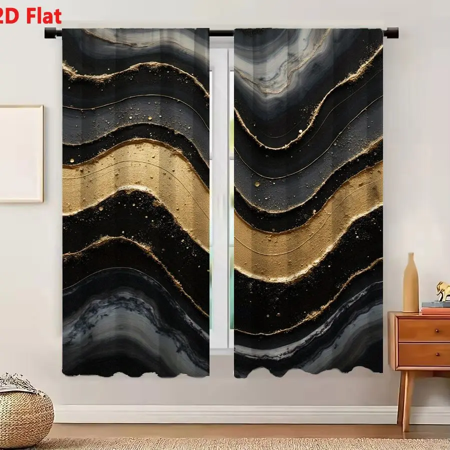 2Pcs Curtains 2D Flat Abstract Textured Composition With Flowing Wavy Bands Of Deep Black Charcoal Gray Soft White And Metallic