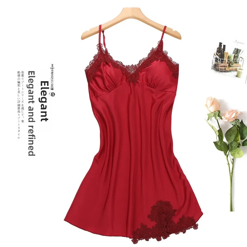 

Silk Sleepwear Ladies 2020 New Summer Strap V-neck Sexy Short Skirt Thin Home Clothes with Chest Pad Comfortable Home Dress