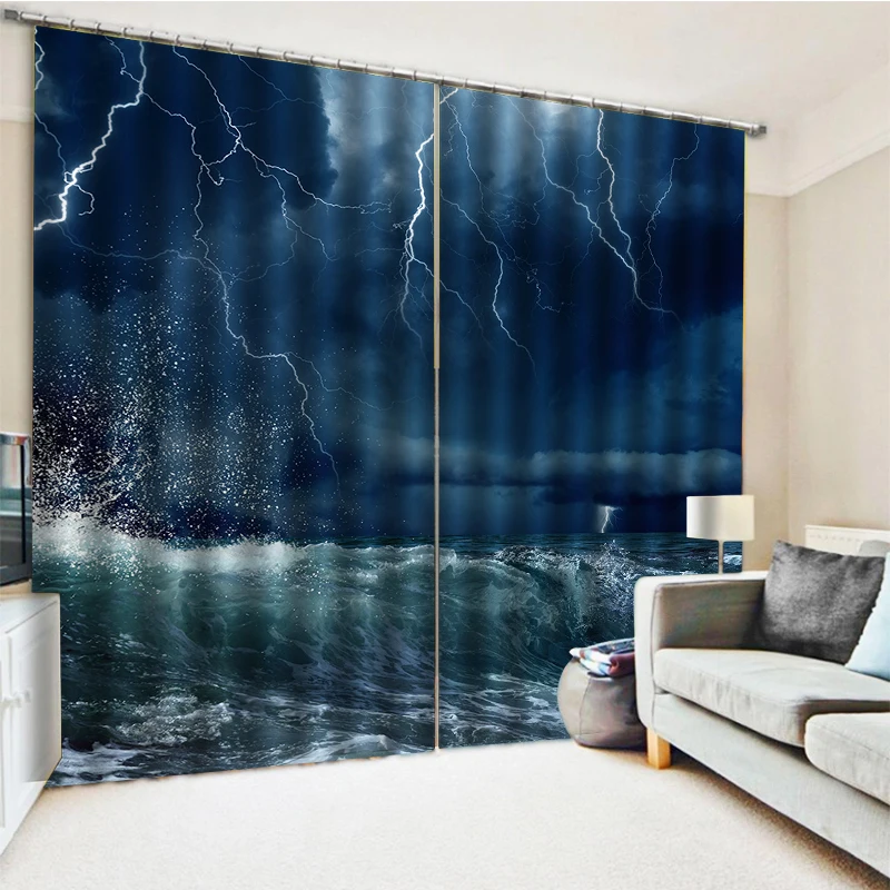 Customized blue waves lightning 3d curtains Bedroom living room windproof thickening blackout fabric