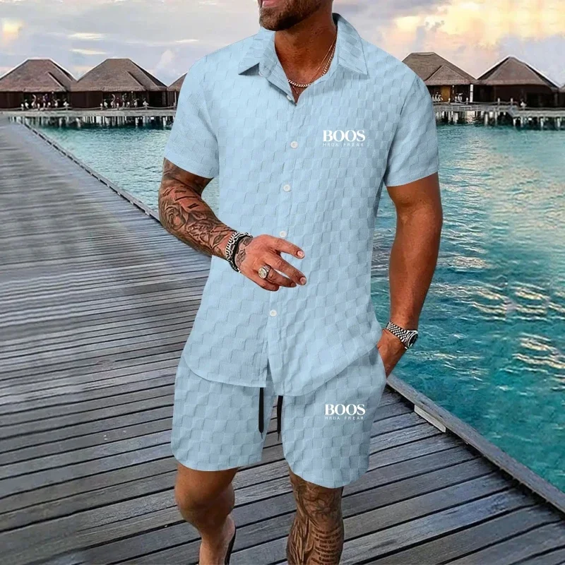 New Embroidered 100% Polyester Men's Fashionable Beach Short Sleeved Set Cardigan Solid Color Checkered Casual Beach Set