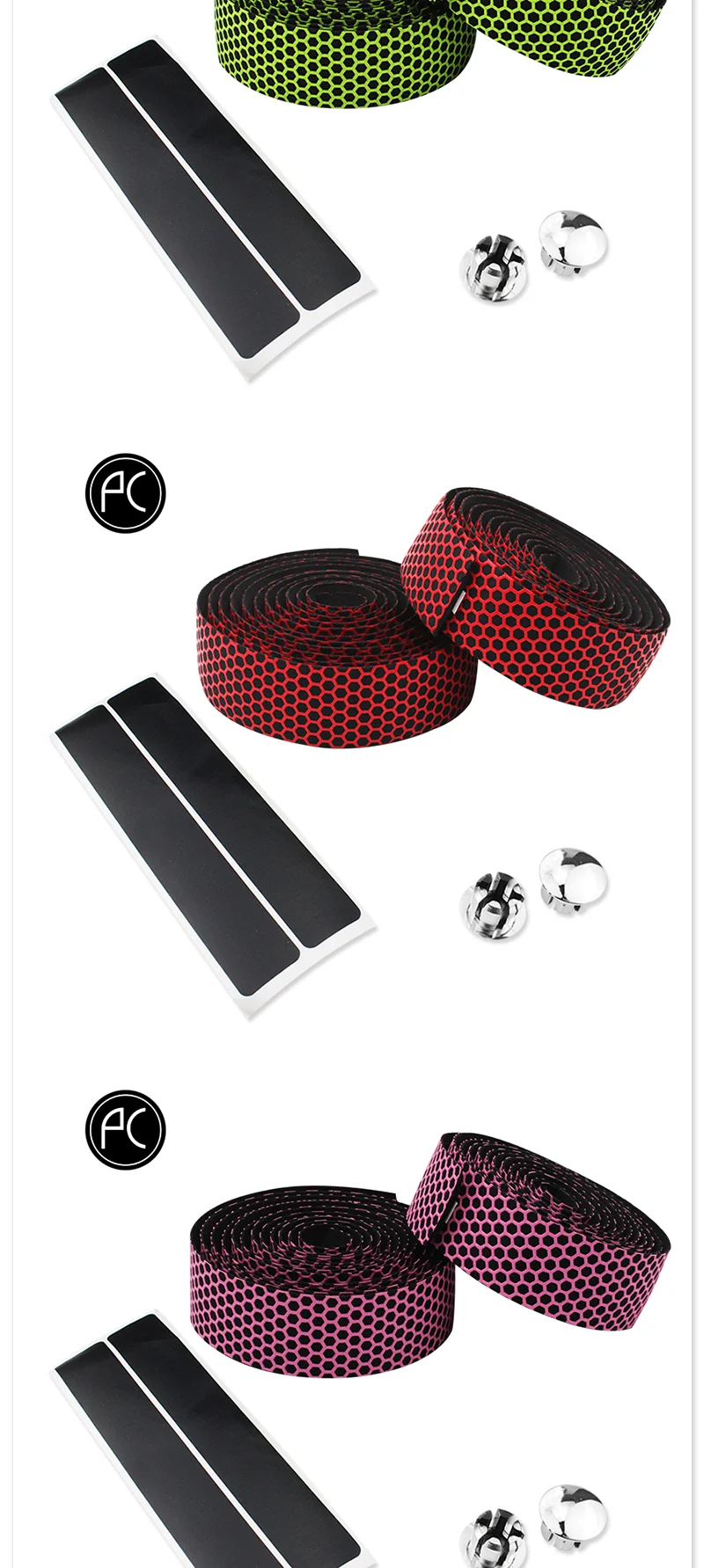 PCycling EVA Honeycomb Road Bicycle Handlebar Tape 2 Rolls 200cm x 3cm Textured Adhesive Bar Wrap with Bar End Plugs Cycling Set