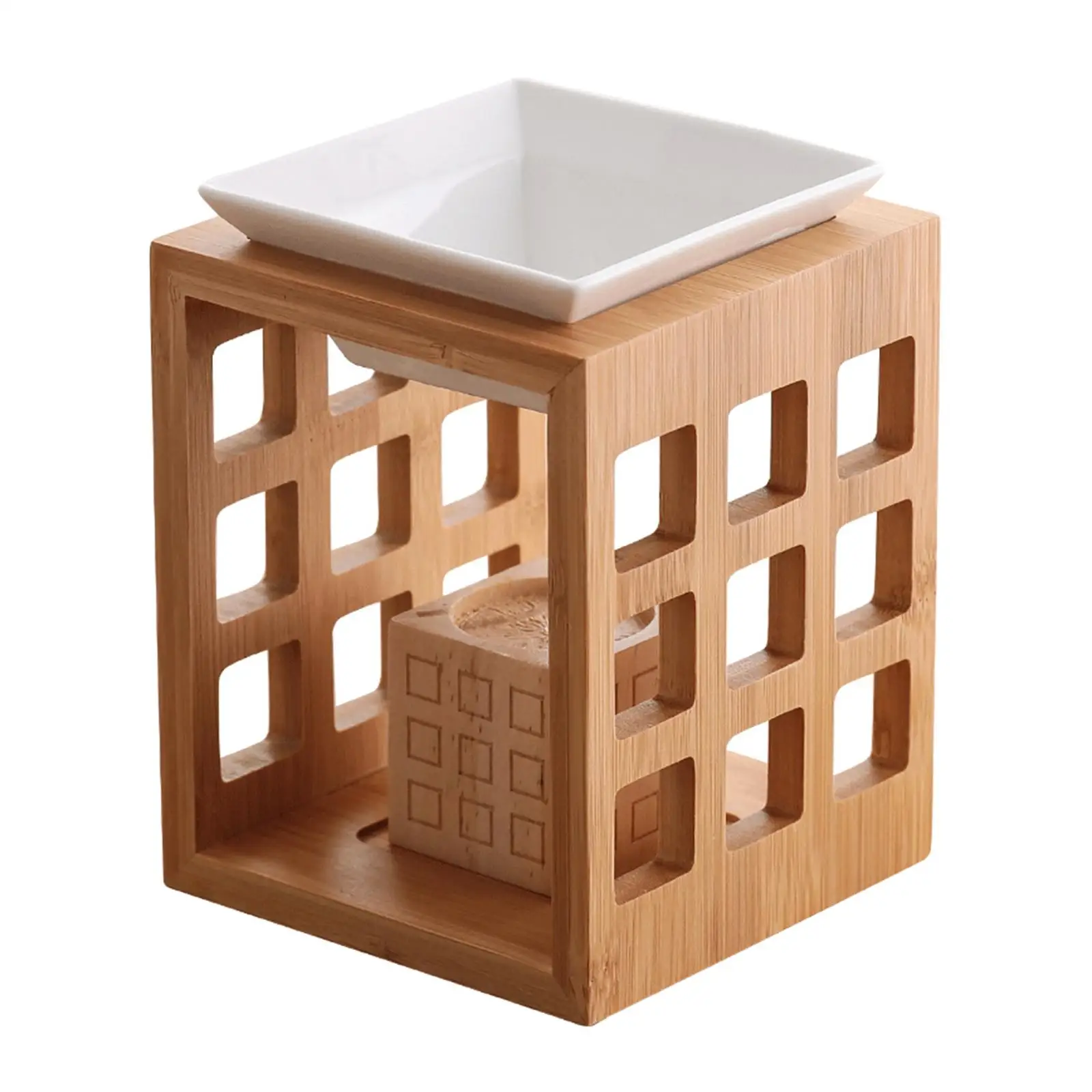 Ceramic Oil Burner Tealight Candle Warmer Wax Melting Diffuser with Bamboo Wooden Base for Living Room Office Patio Home
