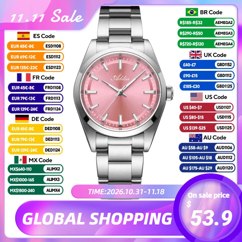 ADDIES 31mm Watch for Woman Miyota 2035 Sapphire Crystal 316L Stainless Steel 50m Waterproof Luminous Dress Ladies Watches Gift