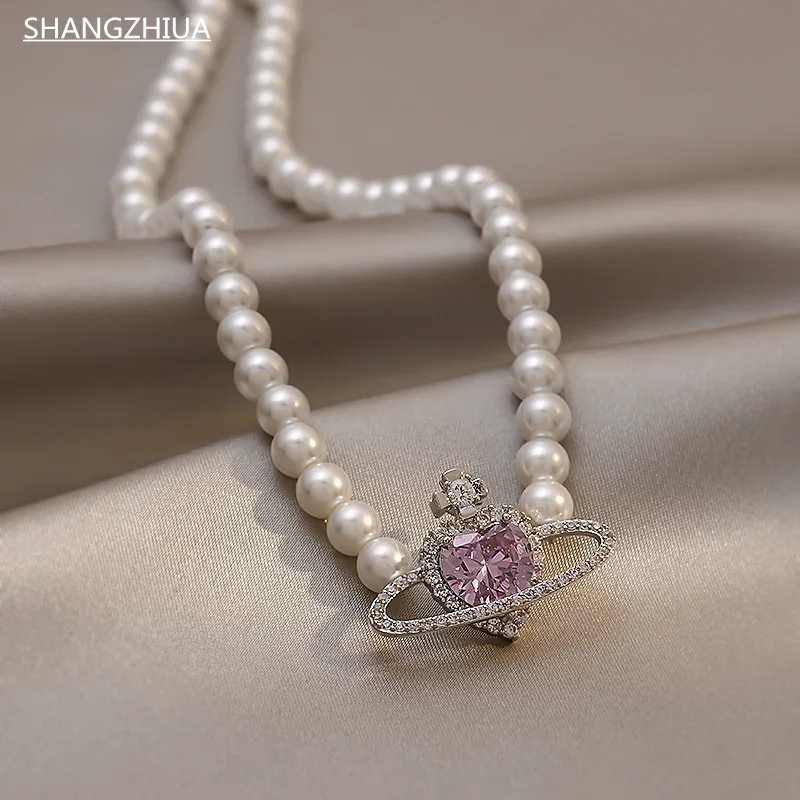 SHANGZHIHUA Korean Fashion Purple Heart Crystal Stud Necklace For Women Elegant Planet Pendant Jewelry Gifts