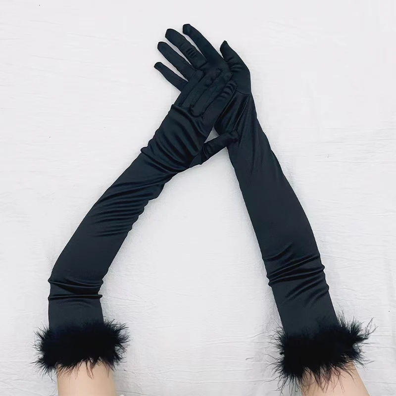 Guantes de plumas elásticos de dedo completo para mujer, manoplas sexys de seda satinada para fiesta de baile, maquillaje de Halloween, escenario de