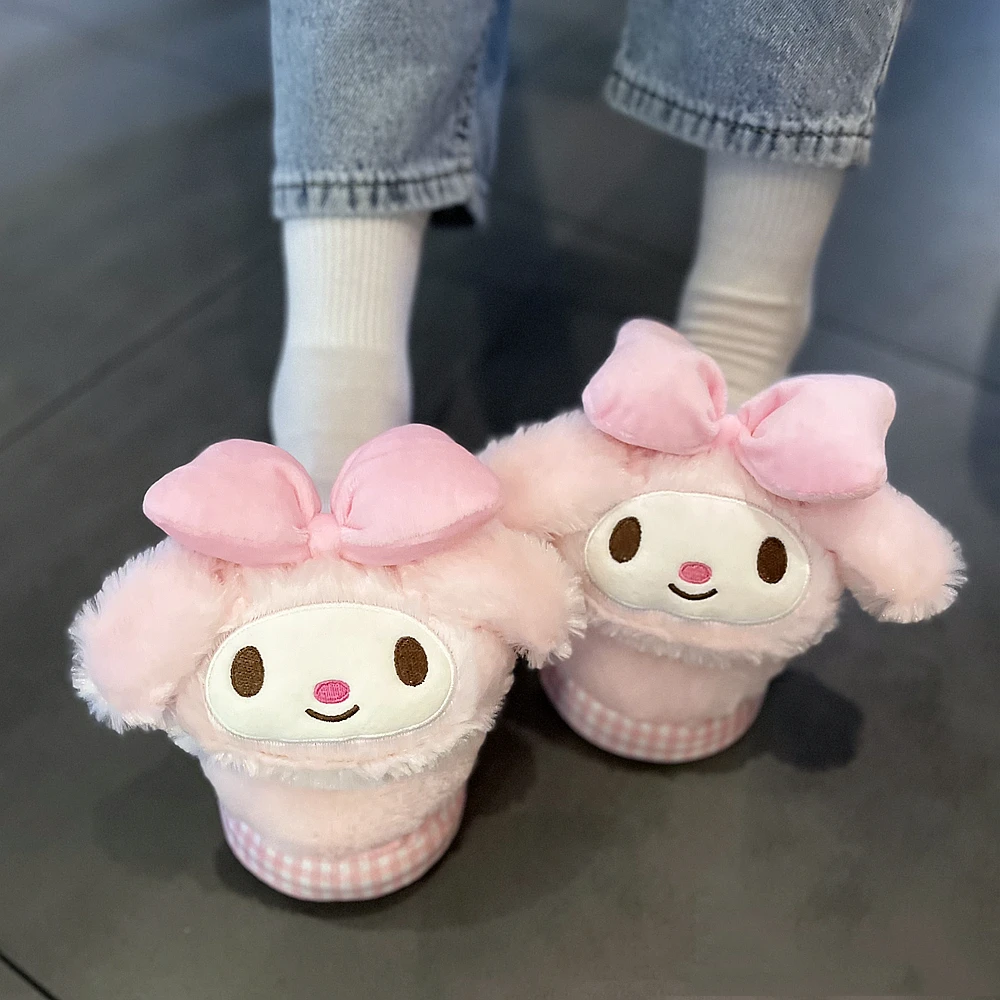 Japanese Style Warm Slippers Indoor Plush Shoes for Winter Non-slip Flat My Melody Kuromi Cinnamoroll Hangyodon Girl Ladies