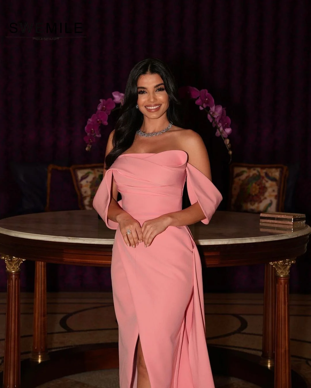 

Pink Cocktail Dresse Floor-Length Off-The-Shoulder Neckline Strapless Dresses For Prom Split Dresses For Special Events