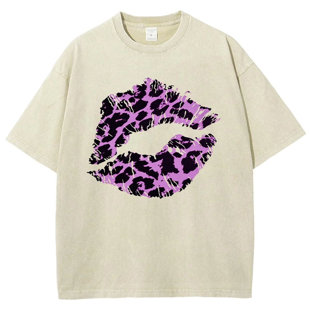 Leopard Print Lips Kiss Mark Graphic T Shirt Summer Casual Short Sleeve Top Unisex Streetwear Fashion Tee Clothing