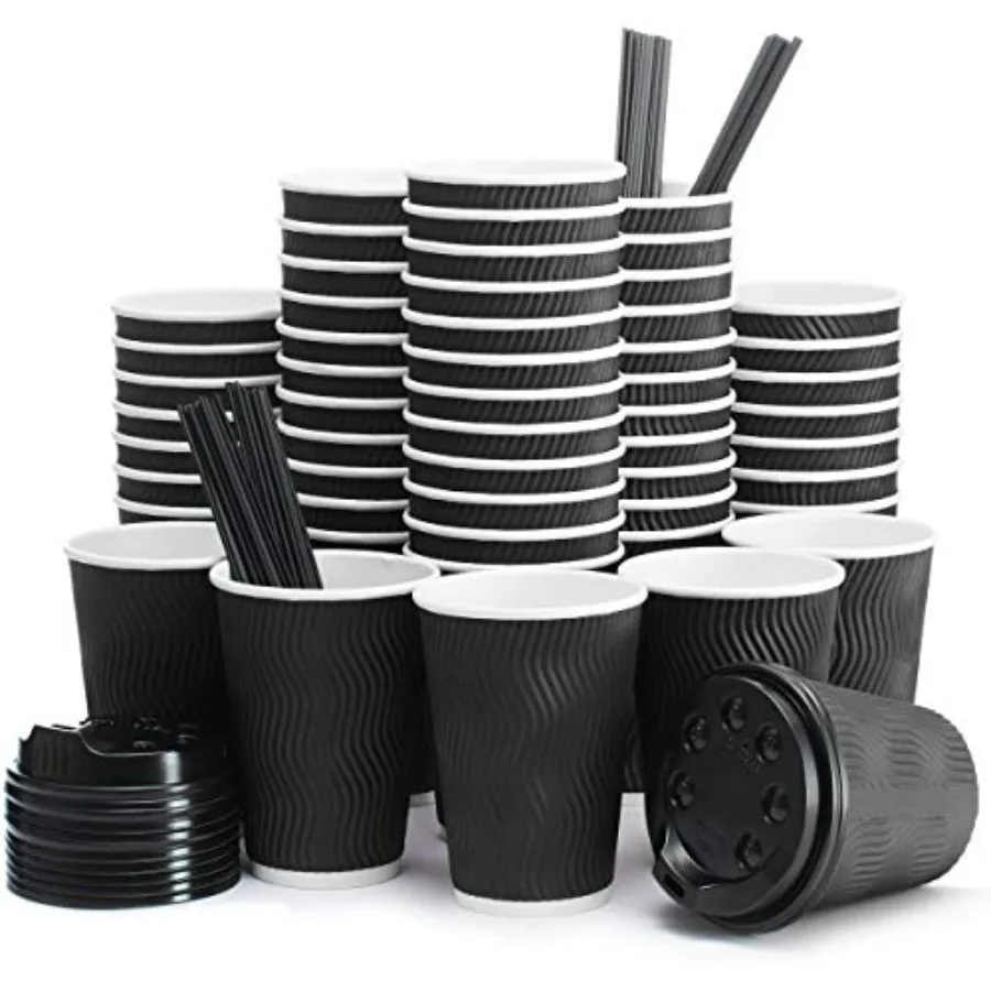 

Insulated Disposable Coffee Cups with Lids and Straws 12 oz, 100 Packs - Paper Cups for Hot Beverage Drinks To Go Tea Coffee Ho