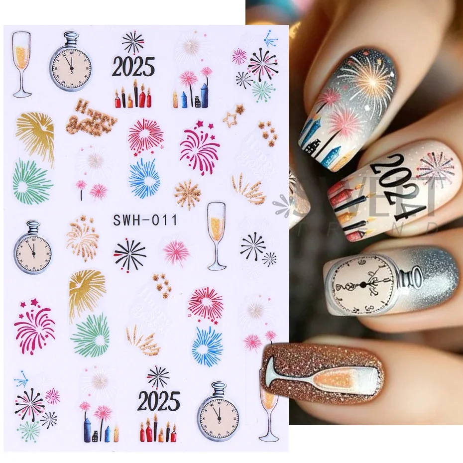 3D Gold Glitter Christmas Nail Stickers Cartoon Red Lantern Candy Cane Fireworks Clock Wine Glass Bow Doll Cow Winter Xmas Tips