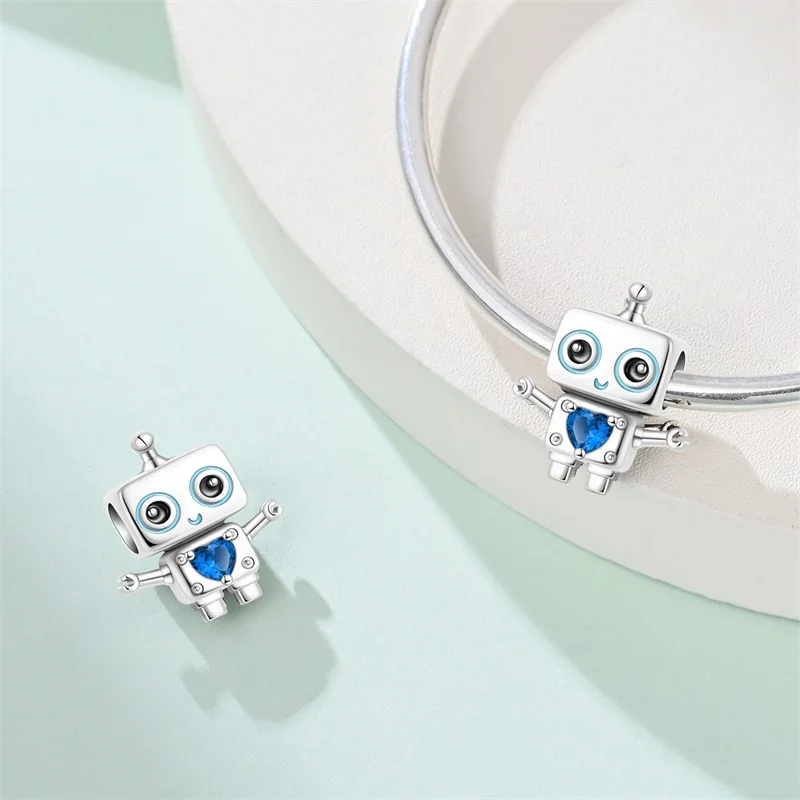 

New 925 Sterling Silver Clever Detection Robot Zircon Charms Beads Fit 3mm Original Bracelet Women DIY Birthday Jewelry Gifts