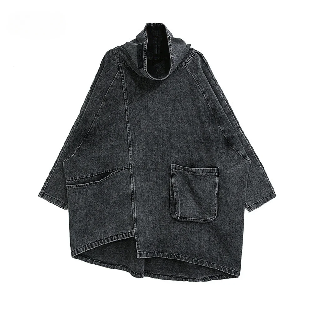 

Turtleneck pullover irregular black wash denim coat autumn dark loose plus-size casual coat