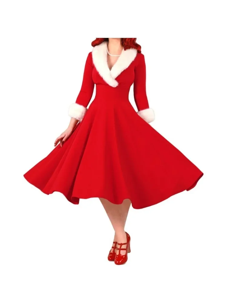 2024 Retro Temperamental Women Christmas Dresses Vintage V-Neck High Waist Long Dress Raw Edge Patchwork Large Swing Party Dress