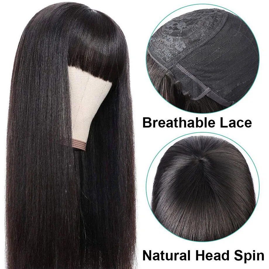 30 Inch Full Machine Made Human Hair Wig With Bangs Brazilian Straight Hair Wigs For Black Women Cheap Short Bob Wig 150 Density