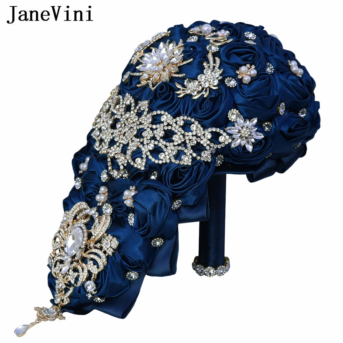 

JaneVini Shiny Navy Blue Cascading Rhinestones Bridal Bouquet Crystal Waterfall Wedding Flowers Bouquets Bride Bridesmaid Roses