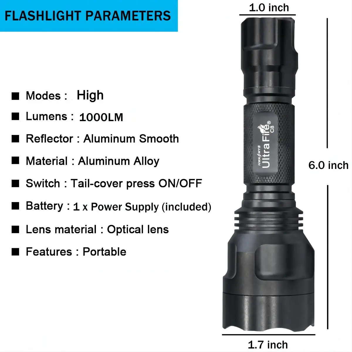 UltraFire C8 Army Tactical Flashlight 1/5 Modes 1000 Lumens Powerful Rechargeable 18650 LED Torch Light Military Police Lantern