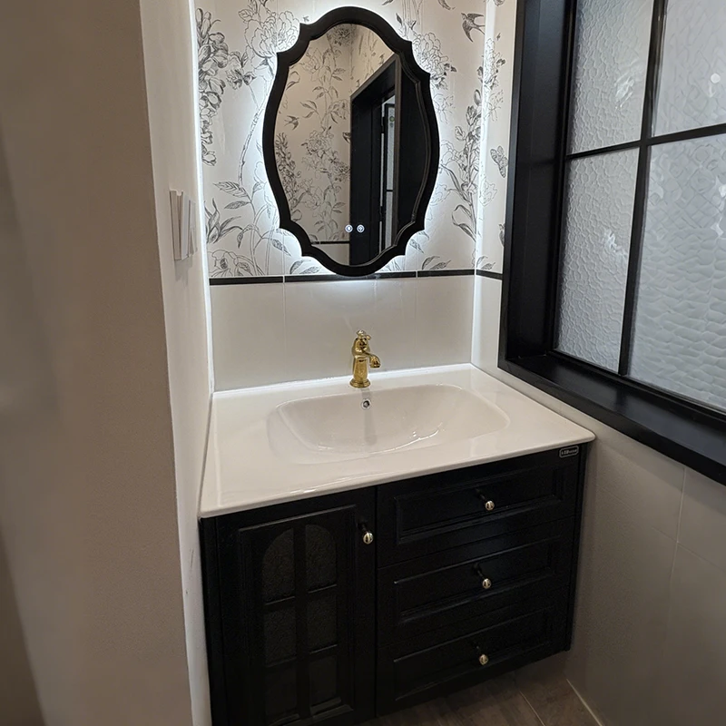 

Washbasin cabinet combination French retro bathroom cabinet combination ceramic integrated basin washbasin sink oak paint