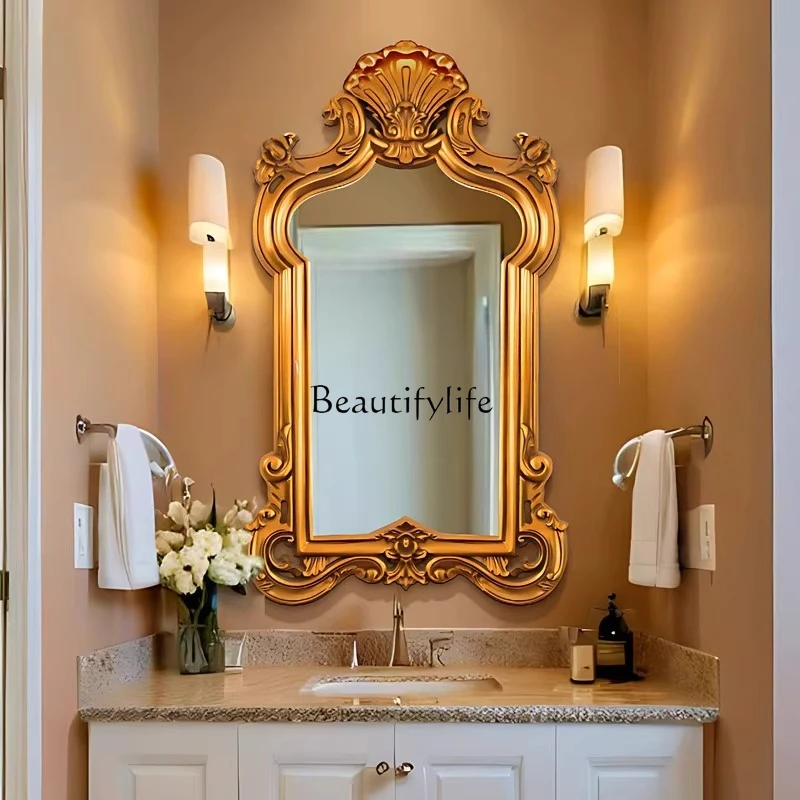 

European carved bathroom mirror wall hanging French retro bedroom entrance wall hanging vanity mirror