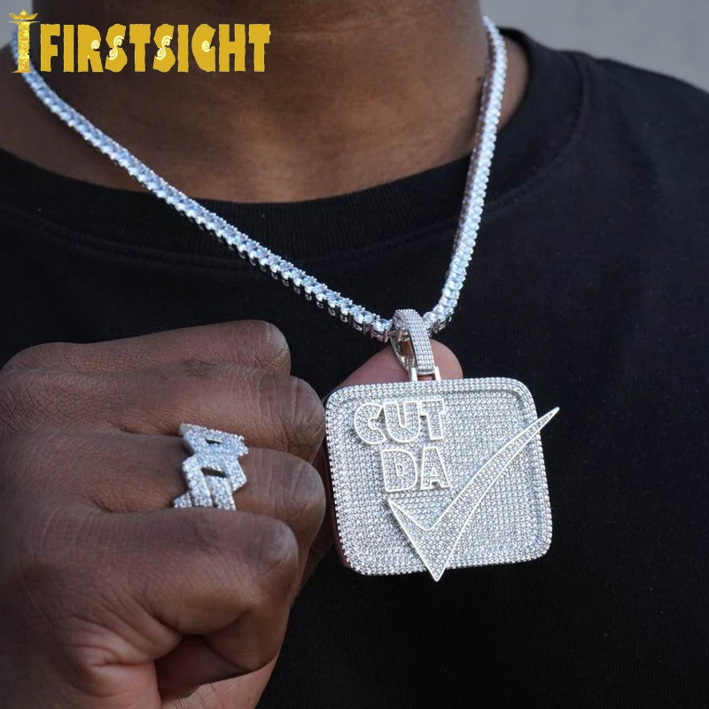 

New Iced Out Bling CZ Letters CUT DA Pendant Necklace Two Tone Color Zircon Rectangle Charm Men's Hip Hop Jewelry