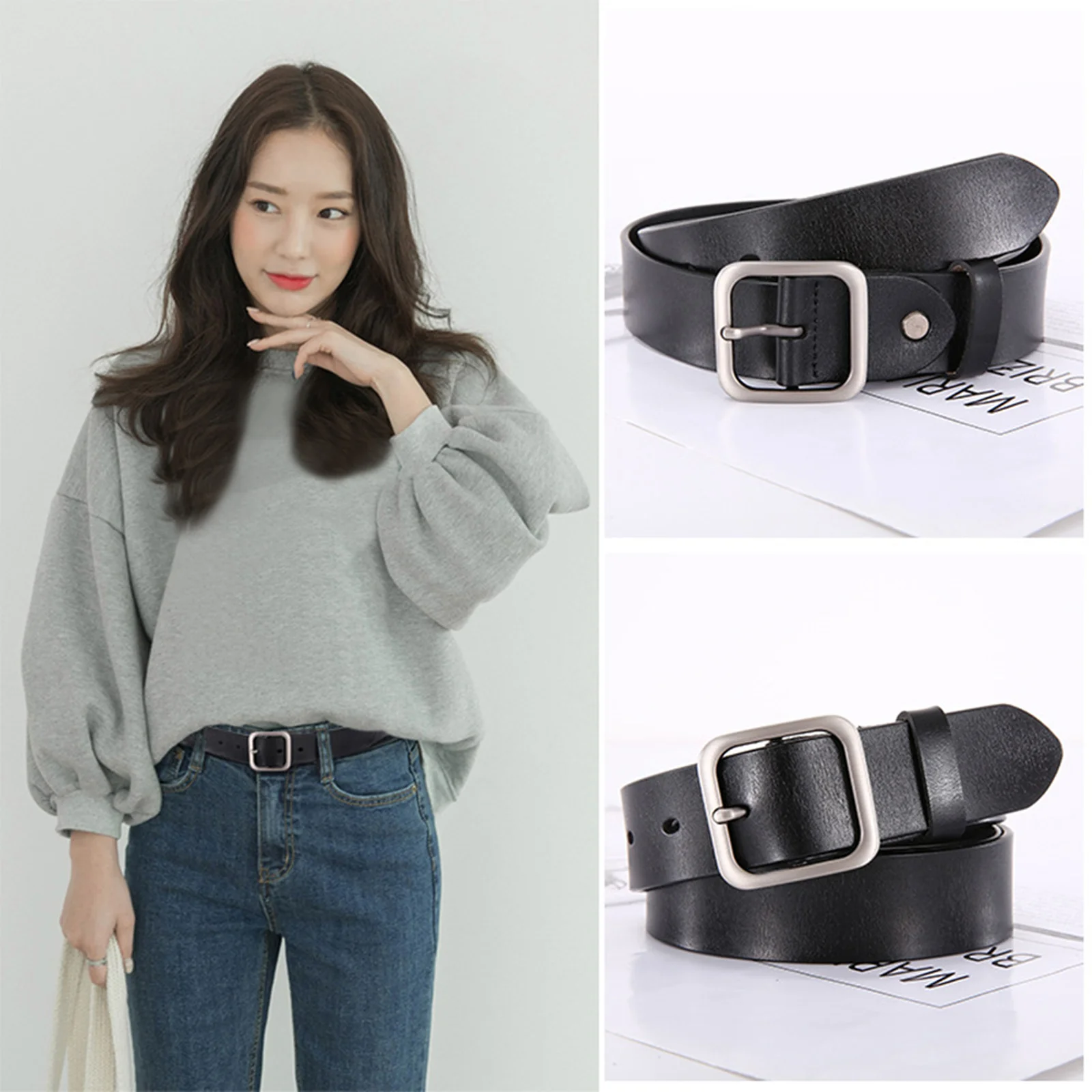 

1pc Square Buckle For Women 110Cm Length 3.3Cm Width Adjustable Waist Hip Black Silver Casual Belt Women Belt