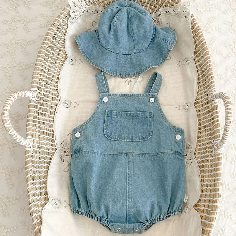 

Baby clothes summer 0-3 year old boys denim suspender pants casual breathable girl Romper+hat two-piece baby crawling suit
