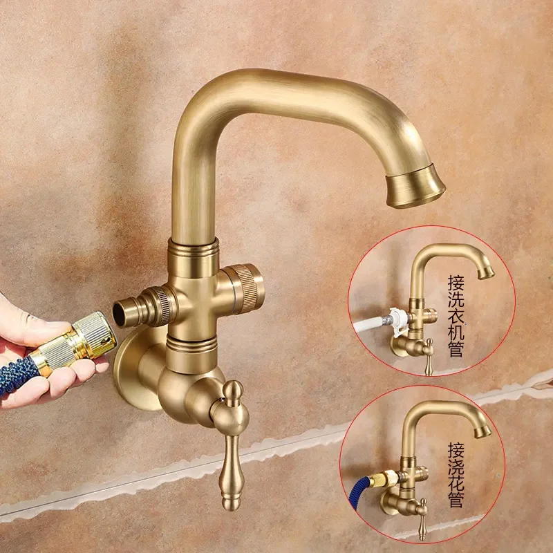 All-copper retro courtyard outdoor antifreeze faucet garden mop pool one in and two out household balcony into wall single cooli