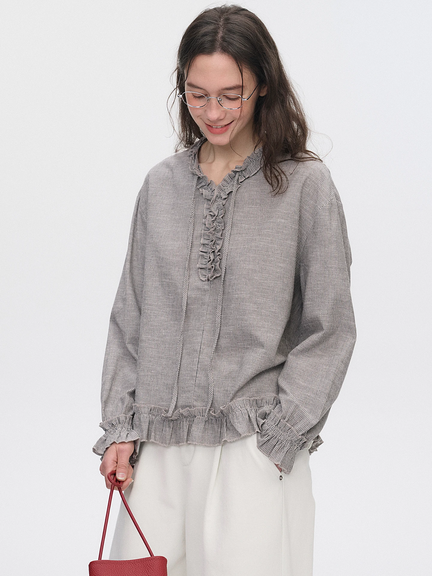 Unique Cotton Linen Stripe Long Sleeve Women's Shirt Floral  Bordered by  Knots And Gathers for Autumn Wear