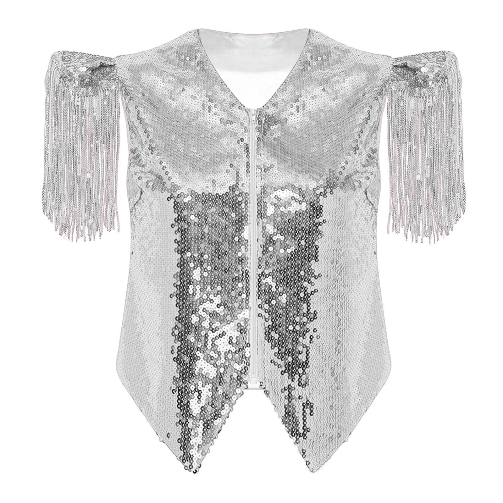 Women Jazz Disco Dance Sequined Vest Fly Sleeve with Tassel V Neck Jackets Coats Singer Musci Festival Glitter Metallic Tank Top