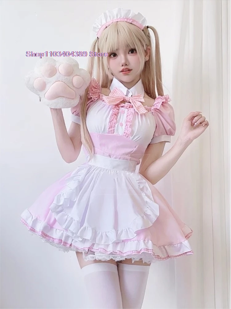 Japanese Lovely Maid Plaid Costumes Soft Girl Halloween Gothic Waitress Sweet Pink Dress Cute Bow Apron Maid Role Play Costumes