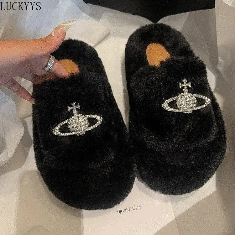 2025 Women's Faux Fur Slippers Fluffy Flip Flops Furry Plush Slides Letter Decor Custom Name Flat Sandal Customized Personalized