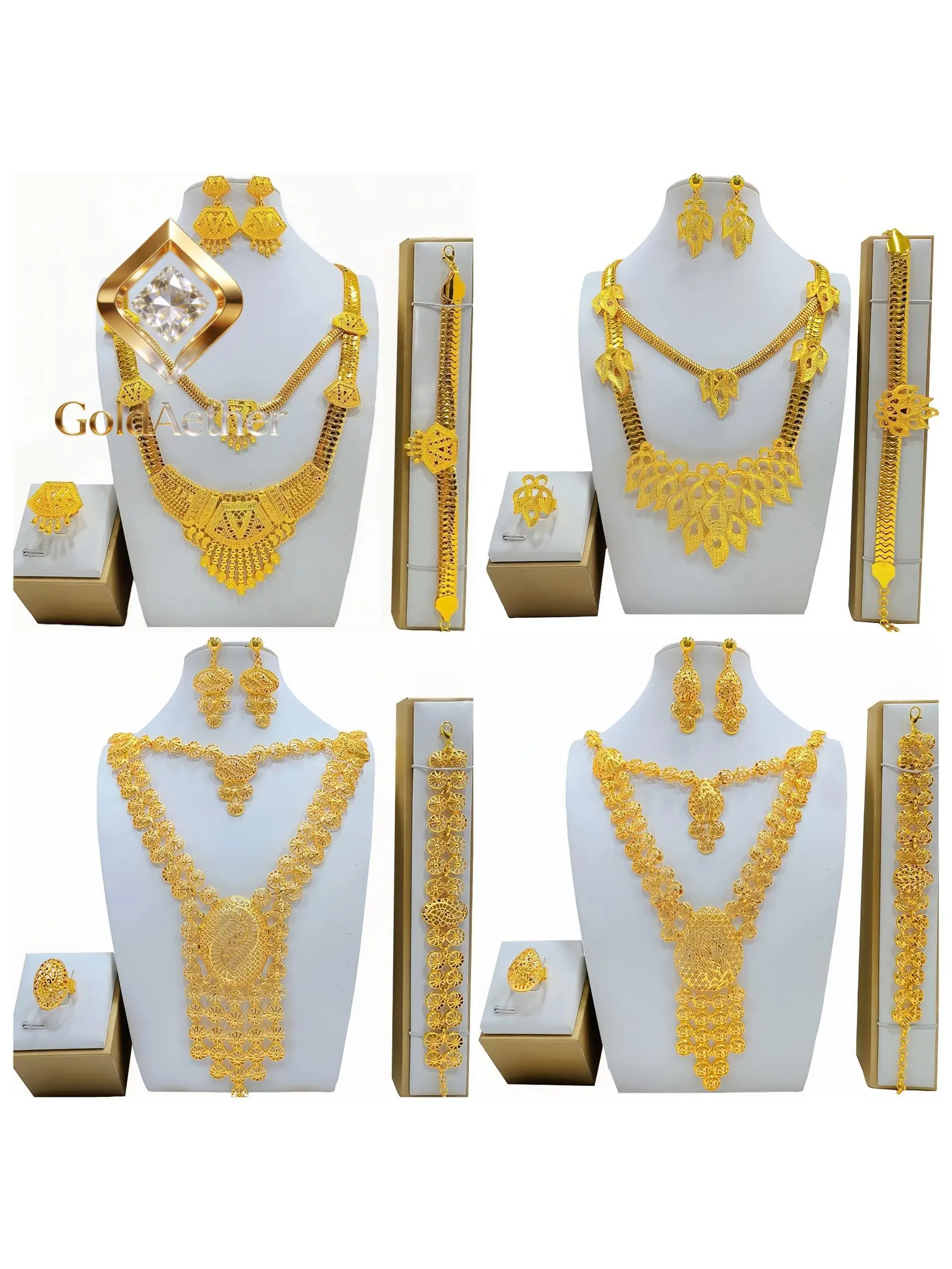 GoldAether 24K echt goud 9999 geelgouden sieradenset Lange ketting, armband, ring, oorbellen, trouwketting - afbeelding 2