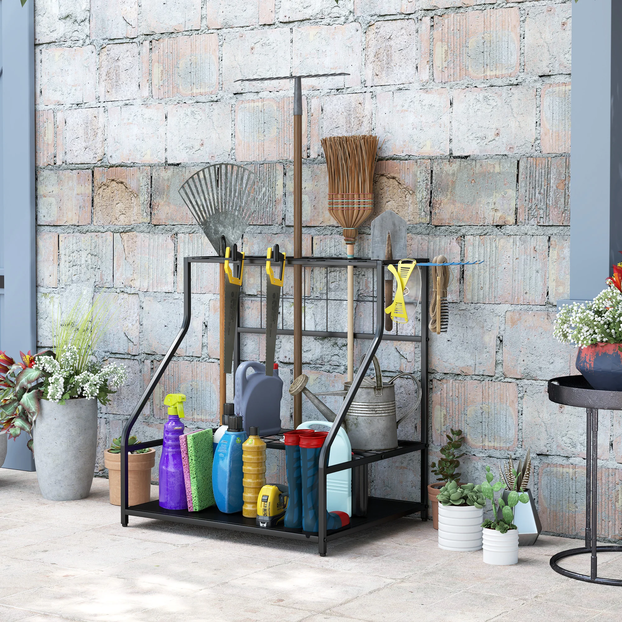 

Трехуровневая стойка для хранения садовых инструментов, органайзер для садового инвентаря с крючками для длинных ручек, метел, лопат, синяя
